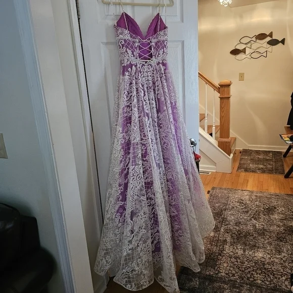 Stunning RACHEL ALLAN Purple and off white PROM Gown - Picture 7 of 12